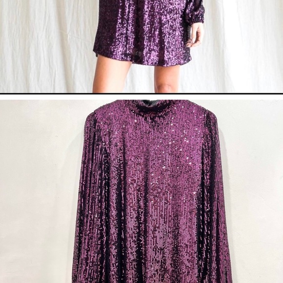 purple sequin long sleeve lined dress sz L - Picture 2 of 2